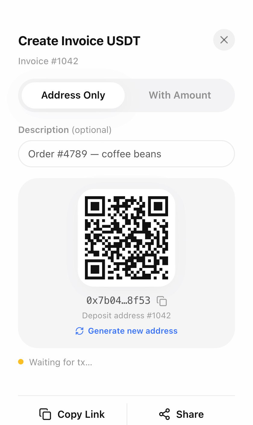 DePi create-invoice / checkout screen
